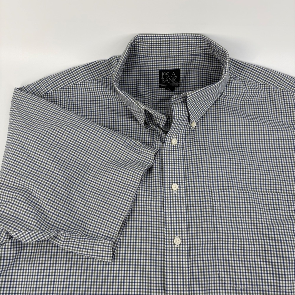 Jos. A. Bank Button Down Shirt Mens XXL Blue Green Gingham Short Sleeve Cotton